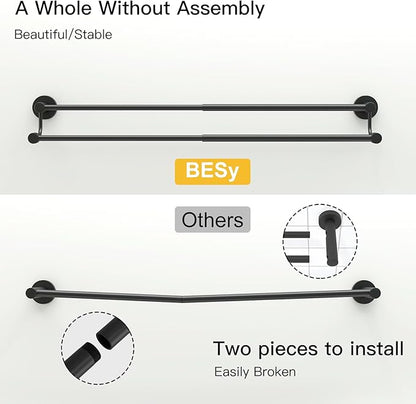 BESy Adjustable 16-26 Inches Double Bath Towel Bar for Bathroom SUS304 Stainless Steel Towel Holder, Hotel Style Wall Mount with Screws Hand Towel Bar Towel Rack Rod Hanger, Matte Black Finish