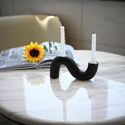 Ceramic Candle Holder, Modern Taper Candlestick Holder for Dining Table, Living Room Coffee Table, Candelabra for 2 Taper Candles-Black