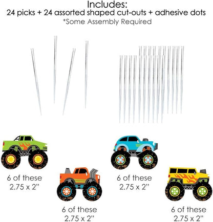 Big Dot of Happiness Smash and Crash - Monster Truck - Dessert Cupcake Toppers - Boy Birthday Party Clear Treat Picks - Set of 24