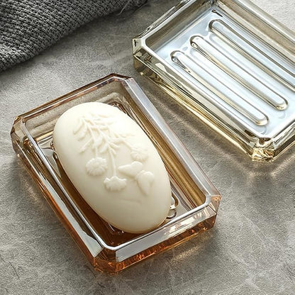 NOLITOY Glass Soap Dish Light Brown Amber Ribbed Bar Holder Decorative Tray for Bathroom Vanities Kitchen Sinks Shower Countertop Clear Savers Modern Vintage Decor Accessory 4.91 x 3.54 x 0.98 Inch
