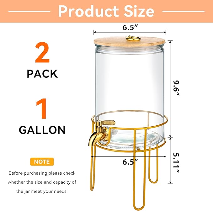 1 Gallon Drink Dispenser,2 Pack Glass Beverage Dispenser With Stand,Juice Containers with Lid for Party,Drink Dispensers for Parties With Spigot for Lemonade/Soda/Tea