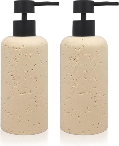2 PCS Resin Soap Dispensers 11oz, Refillable Luxurious Hand Dish Lotion Shampoo Soap Dispenser Jar with Rust Proof Pump 340ml, Travertine Soap Pump Bottle for Kitchen Bathroom Countertop (Cream)
