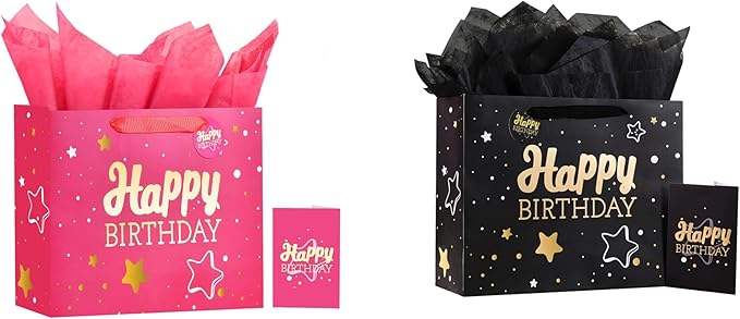 Powbrace 13" Pink + Black Happy Birthday Gift Bag with Tissue Paper and Greeting Card for Party,Happy Birthday Gift Bag for Men Women, Gift Bags Medium size(2 PCS Pink & Black)