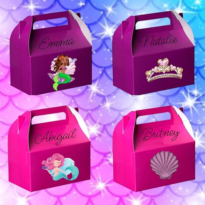 Hammont Candy Boxes Party Favors - 10 Pack Paper Gable Boxes - Ariel Birthday Party Supplies Favor Boxes - Mermaid Birthday Bag & Party Treat Box for Goodies & Gifts –- 6.25" X 3.75" X 3.5" (Purple)