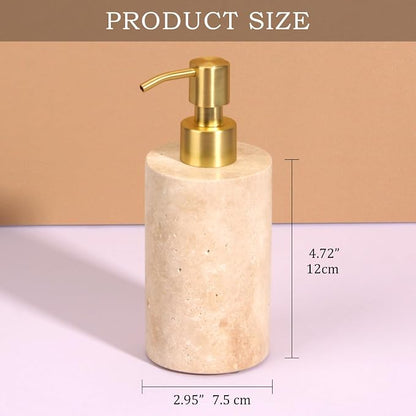 Natural Marble Soap Dispenser for Bathroom and Kitchen Countertop - 5.41 Ounces Hand Lotion and Liquid Stone Shampoo Laundry Bottle with Pump (1, Travertine, Cylindrical Bottle)
