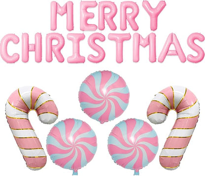 Christmas Balloons Pink Candy Cane Balloon Lollipop Pink Merry Christmas Balloon Candy Balloons for Xmax Party Decorations Xmas New Year Themed Party Supplies Sets-19 Pcs