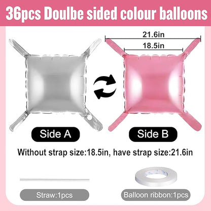 36Pcs Pink and Silver Square Foil Balloons Wall Backdrop, Double Sided Metallic Foil Balloons Tunnel Arch Garland Kit for Photo Booth Birthday Wedding Halloween Christmas Party Decorations