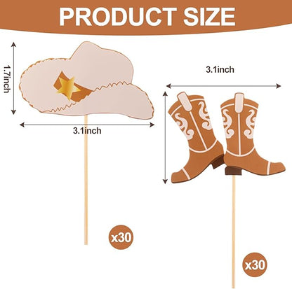 Blulu 60 Pieces Cowboy or Cowgirl Hat and Boot Cupcake Toppers Western Birthday Cake Decorations Rodeo Cupcake Picks Baby Shower Toothpicks for Western Theme Party Favors Supplies (Light Brown)
