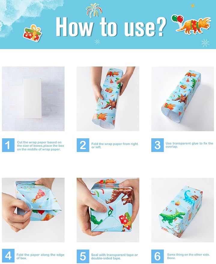 WERNNSAI Dinosaur Wrapping Paper Rolls - 3 Rolls 17” x 120” Happy Birthday Wrapping Paper Kids Wrapping Paper Rolls Boy Dinosaur Gift Wrap Paper Dinosaur Party Favor Happy Bday Wrap with Cutting Line on Back