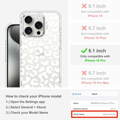 MOSNOVO Case for iPhone 15 Pro, [Buffertech 6.6ft Military-Grade Drop Protection] [Anti Peel Off Tech] Clear TPU Bumper Phone Case Cover Design - White Leopard Print