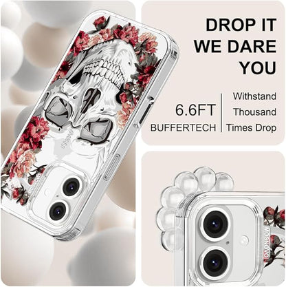 MOSNOVO Case for iPhone 16 Plus, [Buffertech 6.6ft Military-Grade Drop Protection] [Anti Peel Off Tech] Clear TPU Bumper Phone Case Cover Design - Red Flower Skull