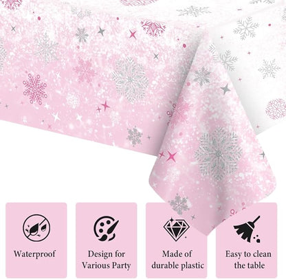 2 PCS Pink Plastic Snowflake Tablecloth(54x108 Inch) Frozen Birthday Winter Wonderland Decorations Disposable Table Cover Tablecloths for Christmas Holiday New Year Party Favors Supplies Decor