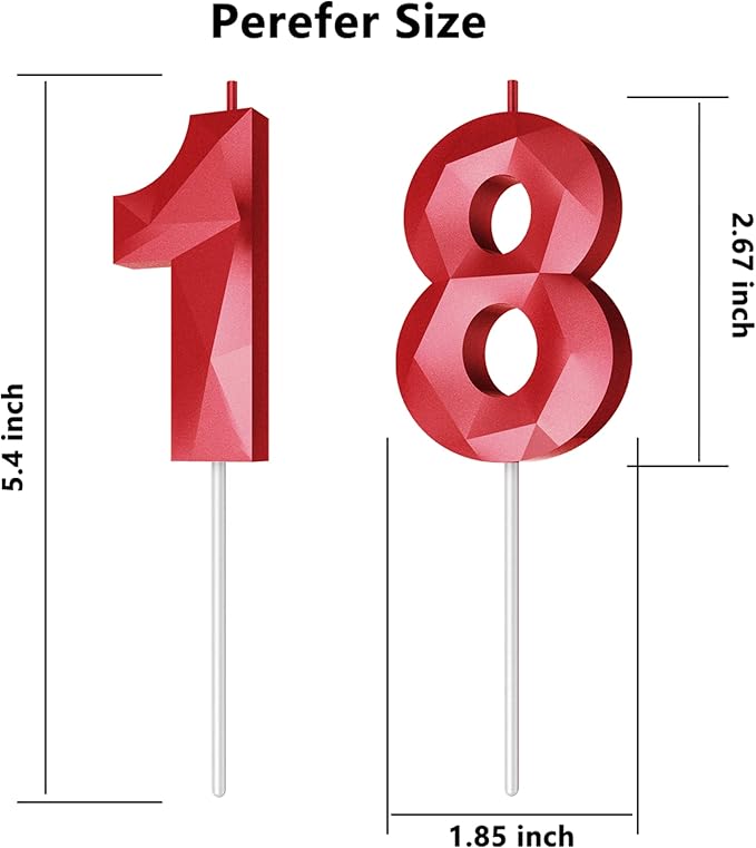 Number Birthday Candles(18 Candle Red) 3D Diamond Shape Number Happy Birthday Cake Candles for Birthday Party Wedding Decoration Reunions Theme Party