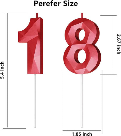 Number Birthday Candles(18 Candle Red) 3D Diamond Shape Number Happy Birthday Cake Candles for Birthday Party Wedding Decoration Reunions Theme Party