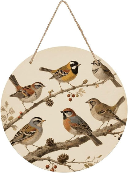 VstaDank Vintage Bird Wall Decor Round Wood Hanging Sign 7.9x7.9 in Wooden Circle Door Hanger with Ropes, Rustic Wall Art Decor for Home Front Door Indoor Outdoor Decoration