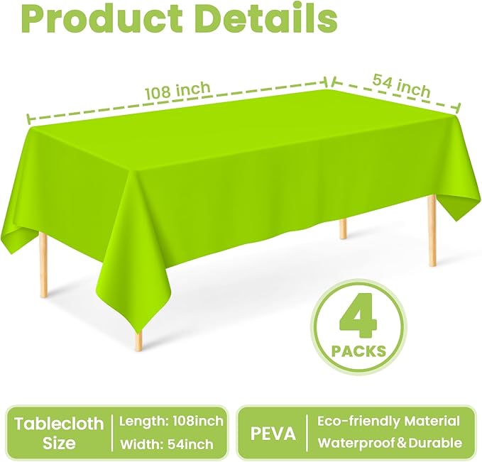Mulbozy Lime Green Plastic Table Cloth Disposable 4 Pack, 54 × 108 Inch Tablecloths Rectangle, Green Plastic Table Cover for Party Decor