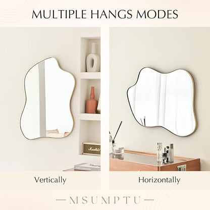 Irregular Wall Mirror Gold Wave Shaped Metal Framed Wall Mirror for Bathroom Bedroom Entryway Living Room Wall Decor 28" L x 20" W 2304Gold