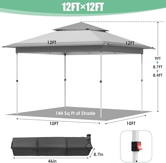 Arlopu Pop Up Canopy Tent with 1-Person Set up, Camping Instant Durable Shelter, Outdoor Gazebo Beach Shade with Wheeled Bag, 4 Sand Bags for Weight (Grey, 12FTX12FT)