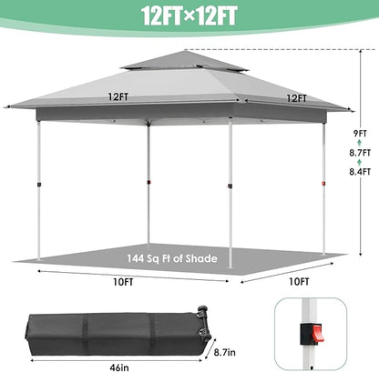 Arlopu Pop Up Canopy Tent with 1-Person Set up, Camping Instant Durable Shelter, Outdoor Gazebo Beach Shade with Wheeled Bag, 4 Sand Bags for Weight (Grey, 12FTX12FT)