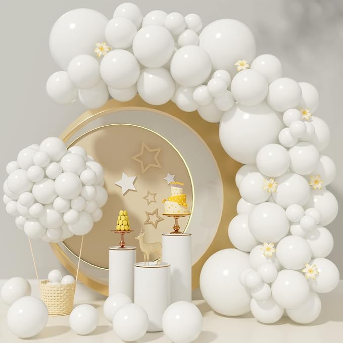 White Balloon Garland Arch Kit - 110 Pcs Matte Latex Balloons in 5/10/12/18 Inch Sizes for Baby Showers, Birthdays, Weddings, Christmas & Parties