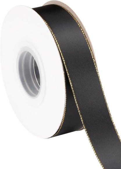 1" Double Face Satin Ribbon with Gold Edge 25 Yards (030-Black), Perfect for Gift Wrapping, Party Decor, Wedding and Craft