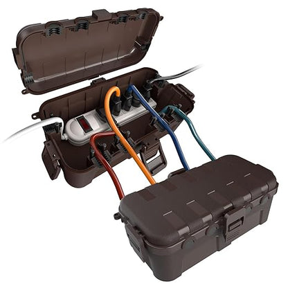 Flemoon [2 Pack] Outdoor Electrical Box Waterproof, Medium Weatherproof Electrical Box (11.5x5.2x4 inch) w/6 Cable Entry Ports, Extension Cord Cover for Power Strip, Timer, Plug, Holiday Light, Brown