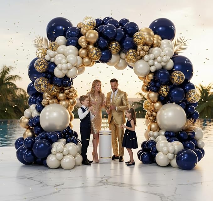 Navy Blue Gold Balloon Arch Garland Kit 153pcs, Double Stuffed Pearl White Royal Blue Chrome Gold Confetti Balloons for Birthday Graduation Baby Shower New Year Bridal Wedding Party Decoration