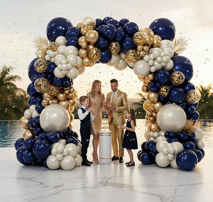 Navy Blue Gold Balloon Arch Garland Kit 153pcs, Double Stuffed Pearl White Royal Blue Chrome Gold Confetti Balloons for Birthday Graduation Baby Shower New Year Bridal Wedding Party Decoration