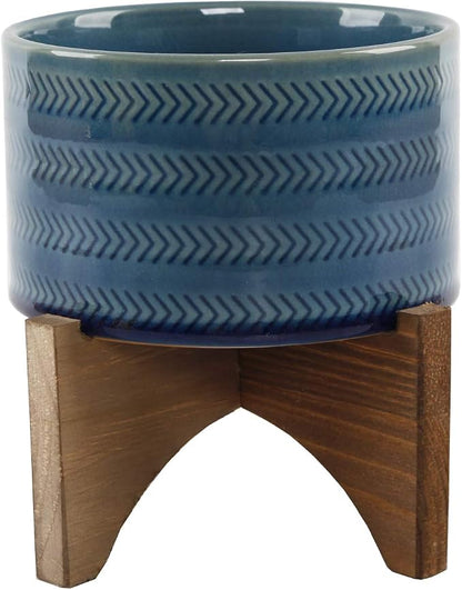 Flora Bunda 5 Inch Arrow Ceramic Planter on Wood Stand Mid Century,Glass Teal 5"