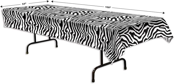 Beistle Plastic Disposable Rectangular Zebra Print Table Cover Bachelorette Birthday Party Supplies and Tableware, 54"x108", Black, White