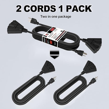 EP 2 Pack 15 Ft Outdoor Extension Cord with 3 Electrical Power Outlets - 16/3 SJTW Black Cable with 3 Prong Grounded Plug for Safety Great for Christmas Lights, Garden and Major Appliances