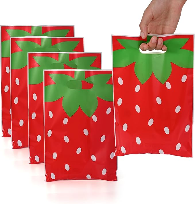 50 Pcs Strawberry Party Favor Bags with Handles - Plastic Treat Bags for Candy & Small Gifts, Bulk Supplies for Wedding Baby Shower Goodie Bags, Holiday Gift Bags for Thanksgiving Halloween Christmas New Years, Birthday Party Decorations