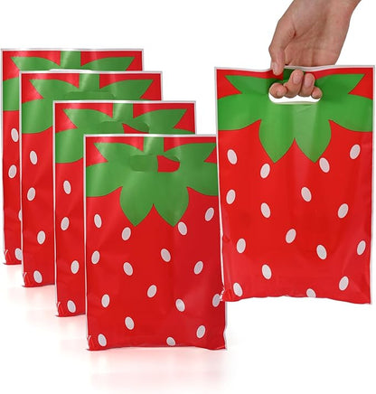 50 Pcs Strawberry Party Favor Bags with Handles - Plastic Treat Bags for Candy & Small Gifts, Bulk Supplies for Wedding Baby Shower Goodie Bags, Holiday Gift Bags for Thanksgiving Halloween Christmas New Years, Birthday Party Decorations