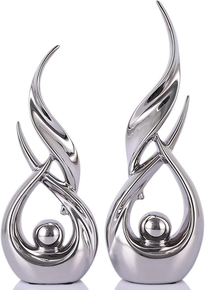 2 PCS Silver Ceramic Statues For Home Decor Accents, Modern Abstract Art Sculptures, Elegant Tabletop Decorative Objects For Dining Room, Entryway, Tv Stand, Mantel, Coffee Table Centerpieces