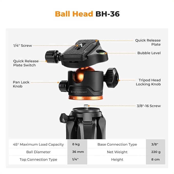 K&F CONCEPT 75 inch/190cm Camera Tripod,Lightweight Travel Outdoor DSLR Tripods with 360 Degree Ball Head Load Capacity 8kg/17.6lbs,Cellphone Clip and Remote Control for Smartphone S255A3+BH-36