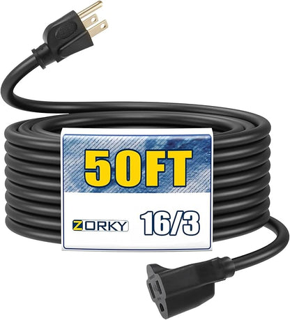 50ft Outdoor Extension Cord - 16/3 Heavy Duty SJTW Waterproof Black Electrical Cable with 3 Prong Grounded Plug for Safety, Great for Lawn and Major Appliances