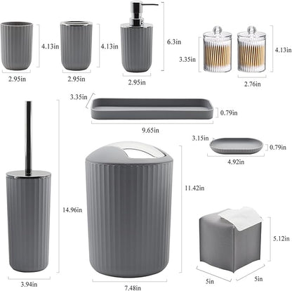 Bathroom Accessory Set - 10 Piece Grey Bathroom Accessories Set with Trash Can, Toothbrush Holder and Cup, Soap Dispenser, Soap Dish, Toilet Brush Holder, Vanity Tray, Qtip Holder, Tissue Box Cover