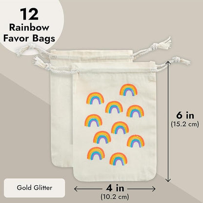 Juvale Rainbow Canvas Bags - 4 x 6 In, Pack of 12 - Mini Canvas Drawstring Bags for Kids & Party Favors - Rainbow Design