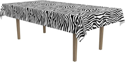 Beistle Plastic Disposable Rectangular Zebra Print Table Cover Bachelorette Birthday Party Supplies and Tableware, 54"x108", Black, White