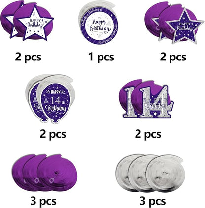 Happy 14th Birthday Purple & Silver Glitter Swirls Streamers Party Decorations - 15 Pcs 14th Birthday Hanging Swirls Streamers Kit,Cheers to Fourteen Years Old Bday Party Sign.