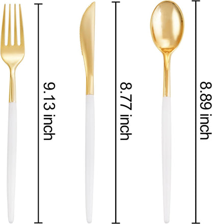 I00000 300 Pcs Gold Plastic Silverware - Gold Disposable Silverware - Premium White Cutlery Set Include 100 Forks 100 Knives 100 Spoons,Plastic Cutlery Party Set for Party & Wedding