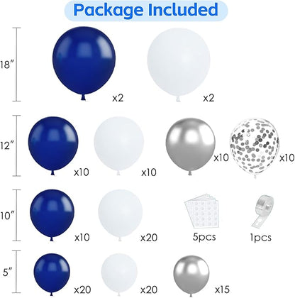 Navy Blue and Silver Balloons Arch Kit,Blue and Silver Balloons,Silver Confetti White Balloons Arch for Graduation Ceremony, Birthday New Year Party Decorations