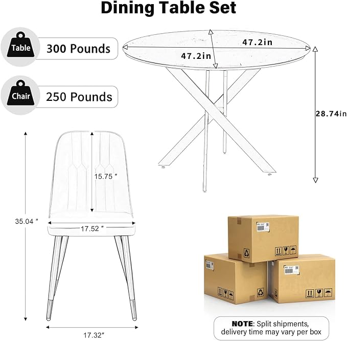 RGZ Mid Century Black Round Dining Table Set for 6, 47" Large Wooden Circle Kitchen Table & 6 Light Gray PU Leather Kitchen Chairs, Dinner Table Set for Home, Apartment, Dining Room
