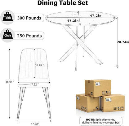 RGZ Mid Century Black Round Dining Table Set for 6, 47" Large Wooden Circle Kitchen Table & 6 Light Gray PU Leather Kitchen Chairs, Dinner Table Set for Home, Apartment, Dining Room