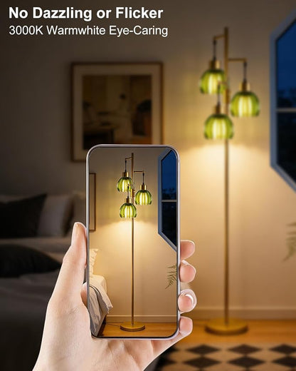 Lightdot 65'' Green Glass Floor Lamp Dimmable Gold Floor Lamps with Lotus Glass Shade& 3000K Bulbs Included 3-Lights Modern Tall Standing Lamp with 5Lbs Heavy Base for Living Room/Bedroom/Sofa Beside
