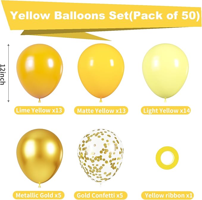 Yellow Balloons Kit, 50Pcs 12in Matte Lemon Yellow Latex Balloons Metallic Gold Balloon for Birthday Wedding Baby Shower Bride Sunflower Theme Party Decoration