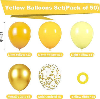 Yellow Balloons Kit, 50Pcs 12in Matte Lemon Yellow Latex Balloons Metallic Gold Balloon for Birthday Wedding Baby Shower Bride Sunflower Theme Party Decoration
