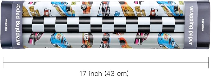 WRAPAHOLIC Racing Car Birthday Wrapping Paper - Mini Roll - 3 Rolls - 17 Inch x 120 Inch - Checkered Flag Car Wrapping Paper for Kids Boys Birthday, Baby Shower