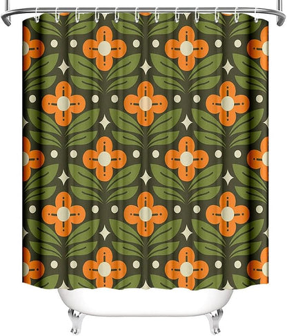 MEHOFOND Orange Floral Green Shower Curtain Vintage Mid Century Modern Abstract Geometric Bathroom Curtain Boho Retro Classic 1950S 1960S Home Bathtub Decor Fabric Waterproof Bath Curtain 72x72 Inch