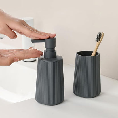 YAUKPH Bathroom Accessories Set 2 Piece Soap Dispenser and Toothbrush Holder for Bathroom Countertop Striped Gray